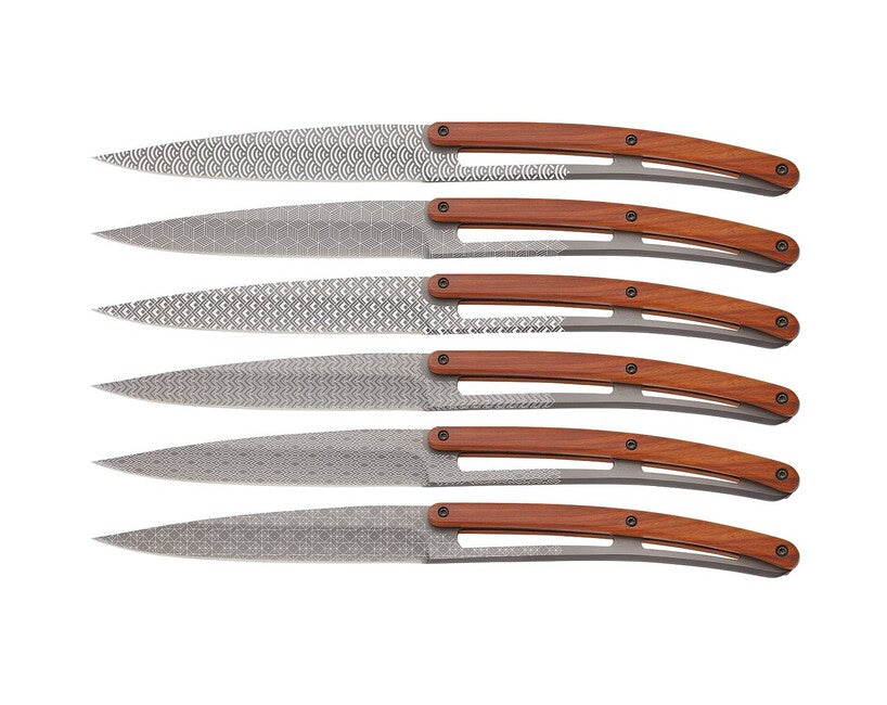 Deejo Tattoo Set of 6 Steak Knives, Matte Finish, Coralwood, Geometry Design
