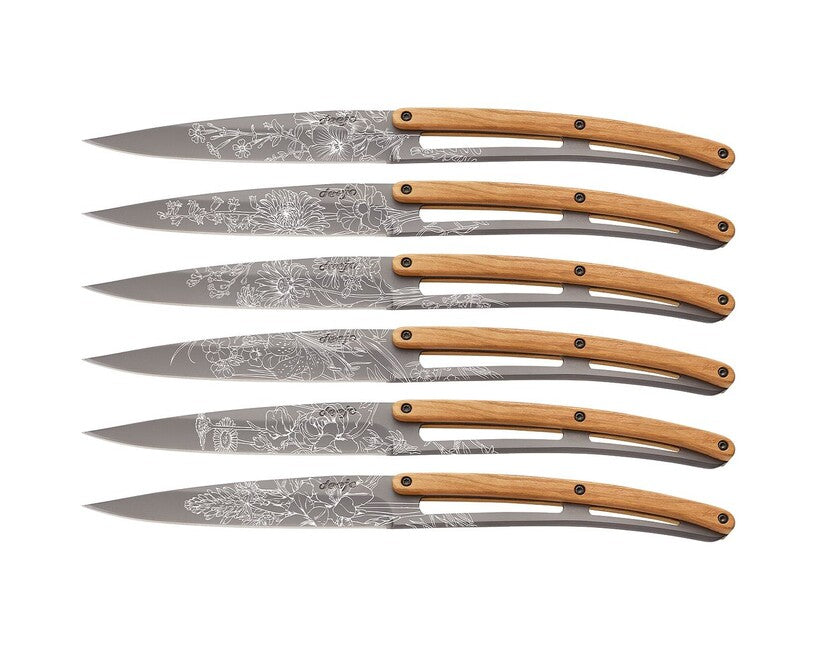 Deejo Tattoo 6-Piece Steak Knife Set, Grey Titanium, Olive Wood, Blossom