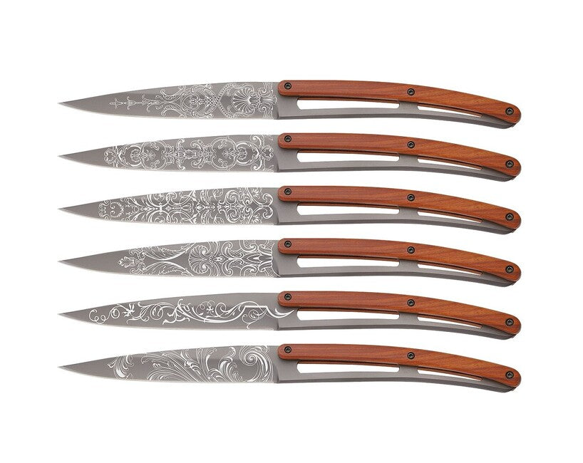 Deejo Tattoo Steak Knife Set, Light Grey, Coralwood, Grand Siecle