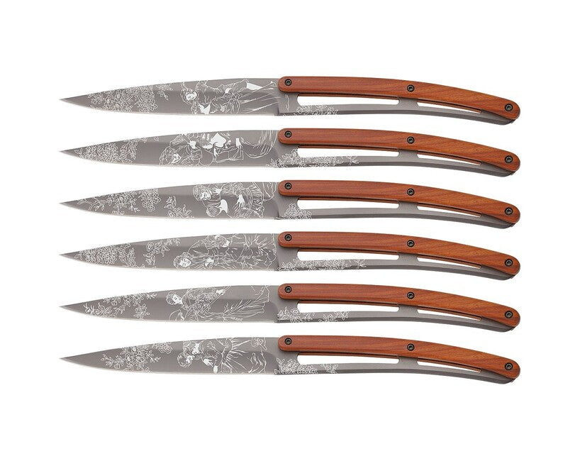 Deejo Tattoo Steak Knives Set, Light Grey Surface, Coralwood, Toile de Jouy