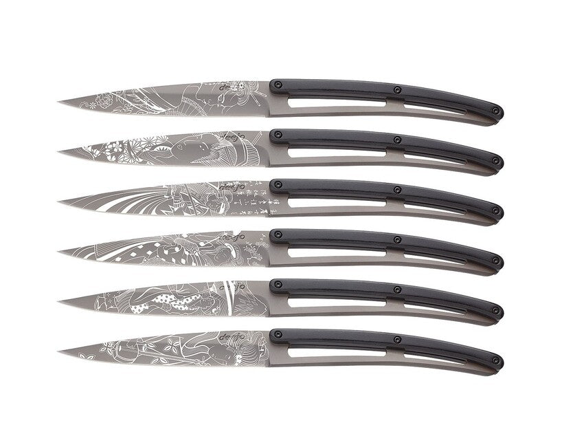 Deejo Tattoo Steak Knife Set, Light Grey Surface Ebony Japan
