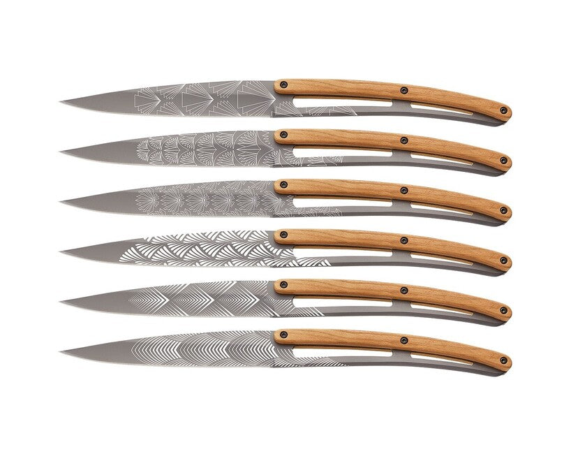 Deejo Tattoo Art Déco Steak Knife Set, Light Titanium with Olive Wood