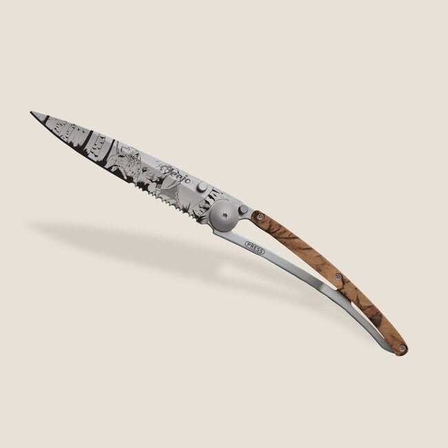 Deejo Tattoo Serration Folding Knife, Brown Camo Hunting Day