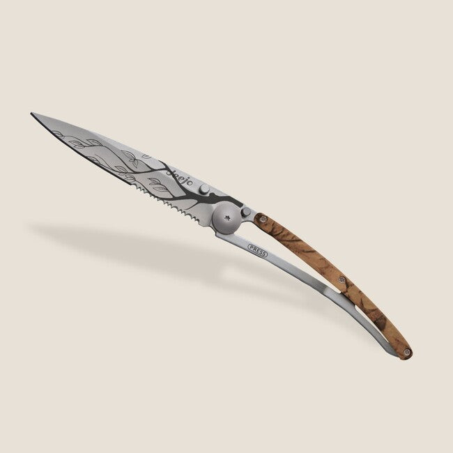 Deejo Tattoo Serration Folding Knife, Brown Camo Tree