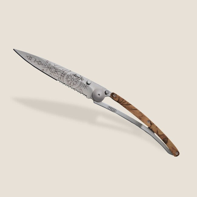 Deejo Tattoo Serration Folding Knife, Brown Camo Viking Vegvisir