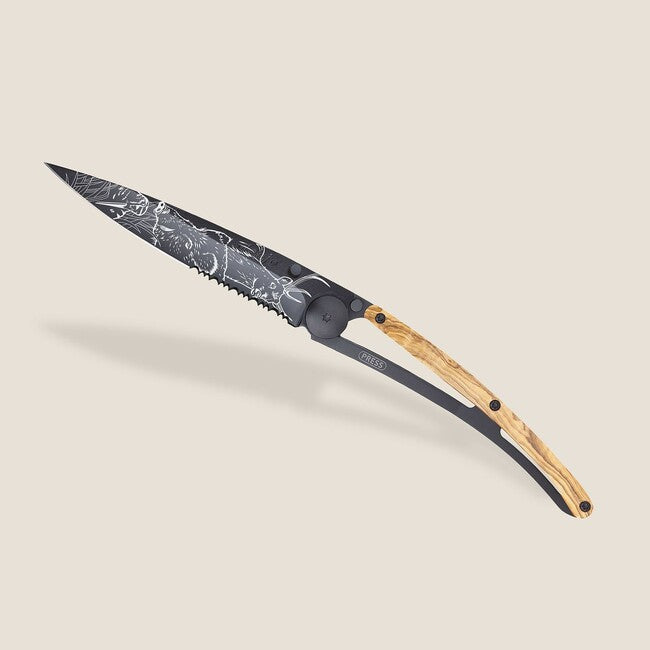 Deejo Tattoo Serration Folding Knife, Olive Wood, Hunting Scene