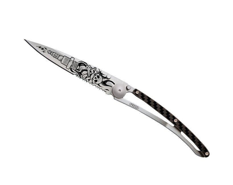 Deejo Tattoo Serration Folding Knife, Titan Carbon Fiber Biker