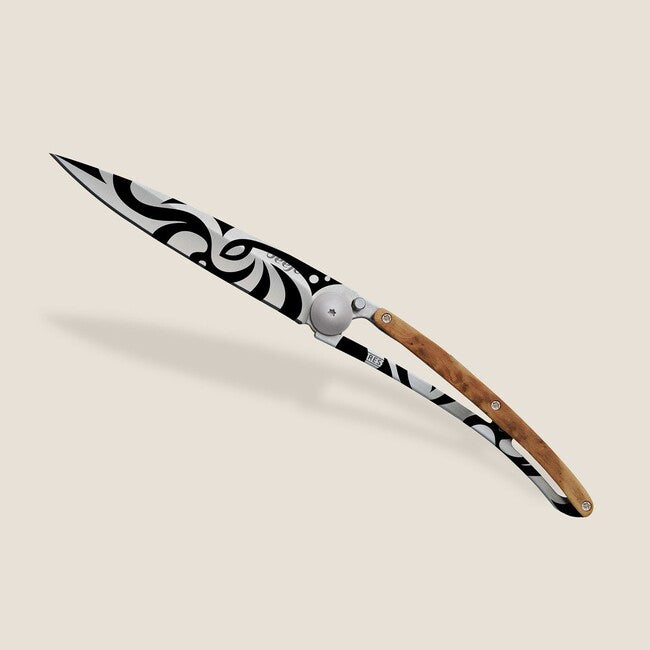 Deejo Tattoo Tribal Folding Knife, Juniper Wood