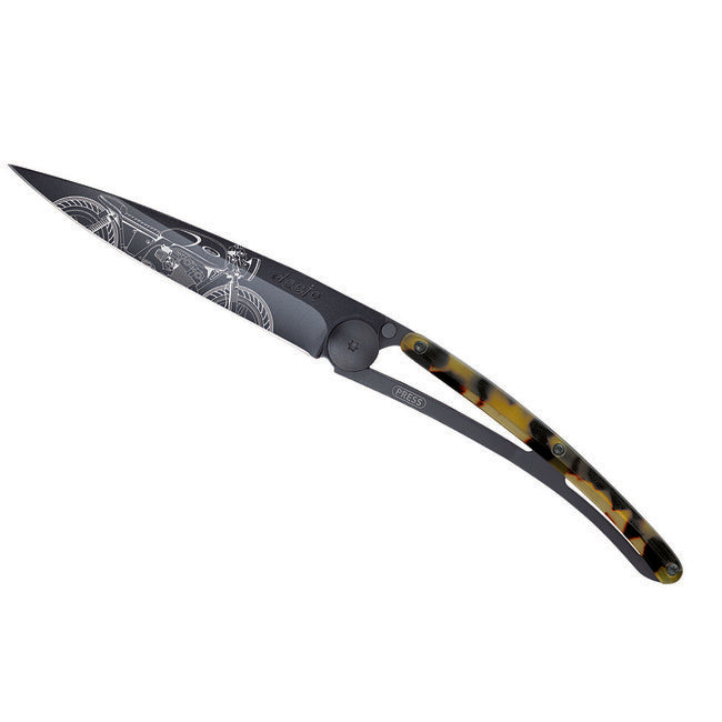 Deejo Tattoo Turtle Folding Knife, Black Turtle Shell Café Racer