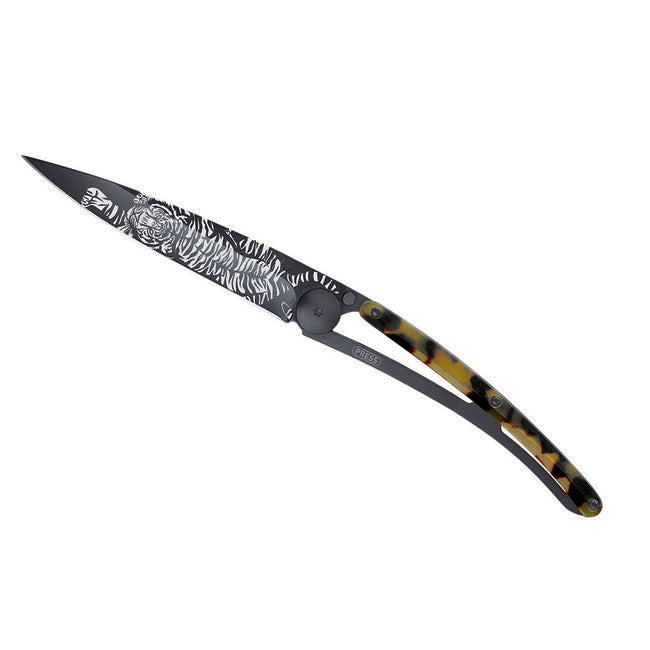 Deejo Tattoo Turtle Folding Knife, Black Turtle Shell Tiger