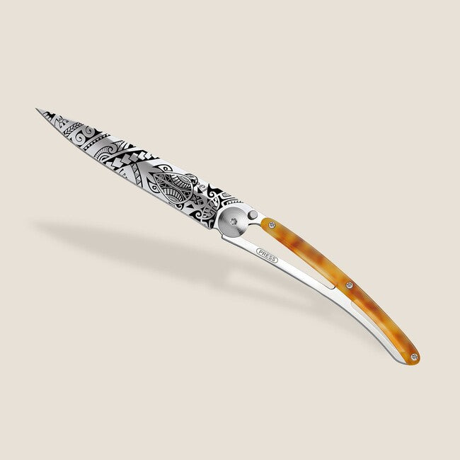 Deejo Tattoo Turtle Folding Knife, Mirror, Turtle Shell Polynesia