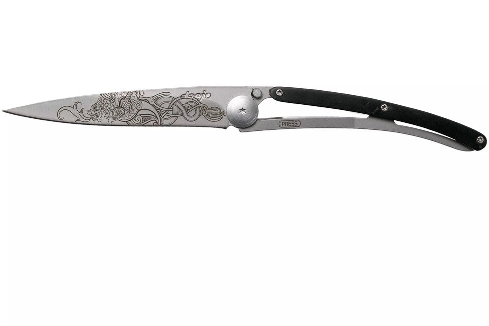 Deejo Tattoo Viking Folding Knife, Ebony Wood