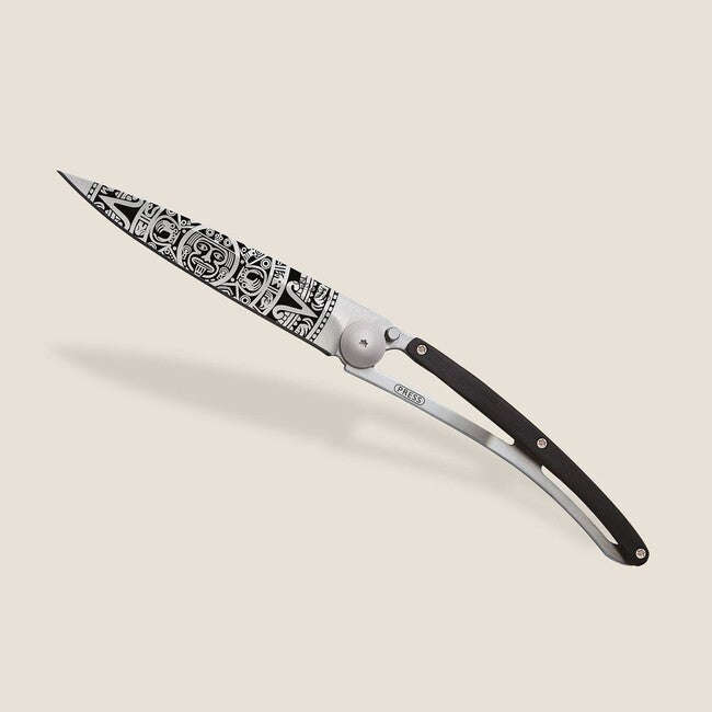 Deejo Tattoo Wood Folding Knife Aztec Sun