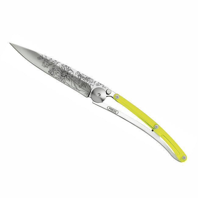 Deejo Blossom Folding Knife, Yellow Tattoo