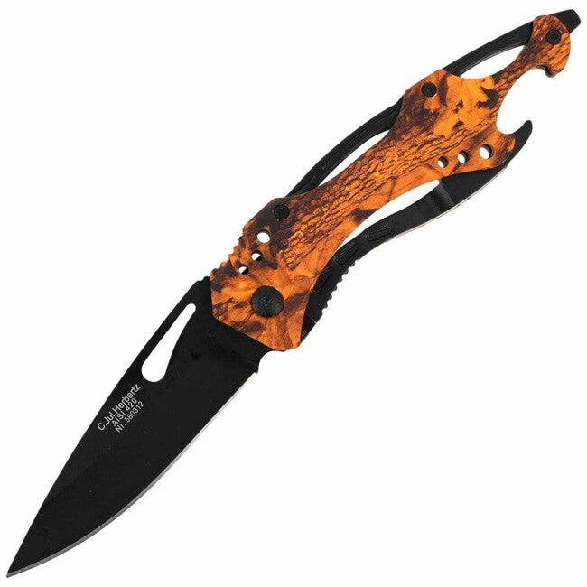 Herbertz Single-Handed Universal Folding Knife 9cm, Aluminum, Orange Camouflage, Bottle Opener