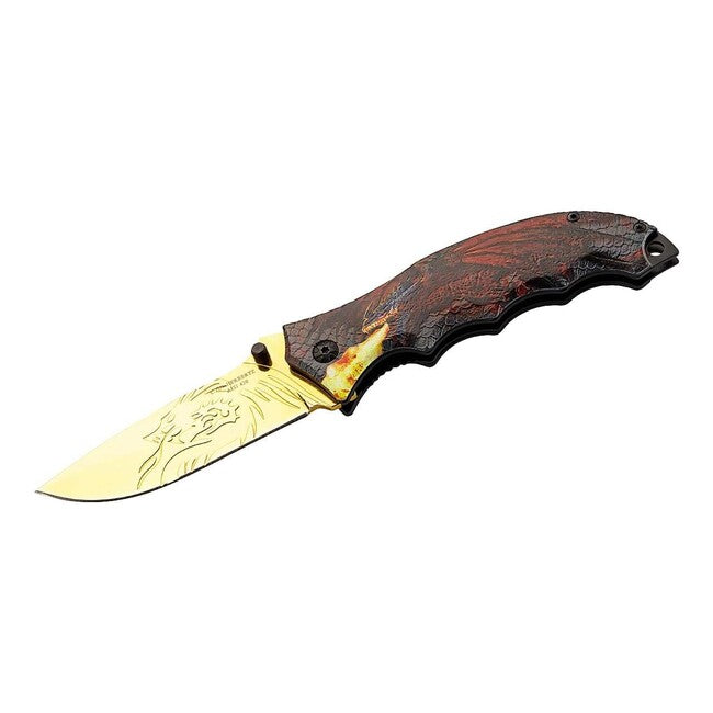 Herbertz One-Hand Pocket Knife 8.3cm, Gold Blade, Aluminum, 3D Dragon