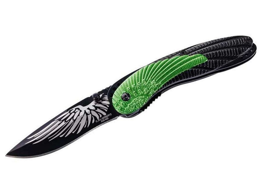 Herbertz One-Hand Pocket Knife 8.5cm, Aluminum, Black-Green, 3D Wing