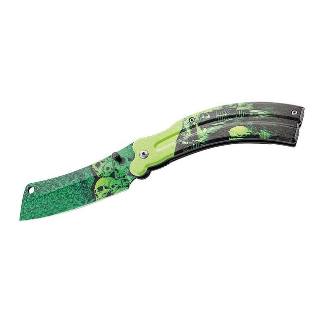 Herbertz One-Hand Folding Knife 8.5cm, Aluminum, Black-Green, 3D Skull