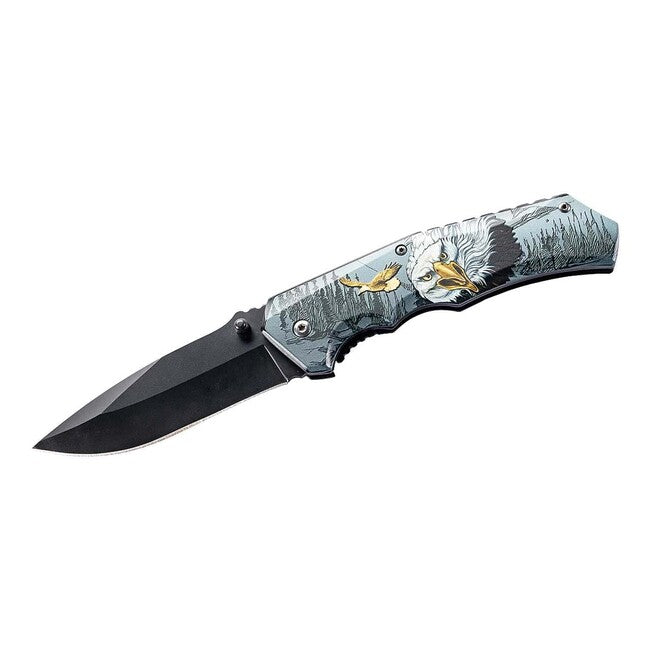 Herbertz One-Hand Pocket Knife 8cm, Stainless Steel, 3D Landscape with Golden Eagle Head