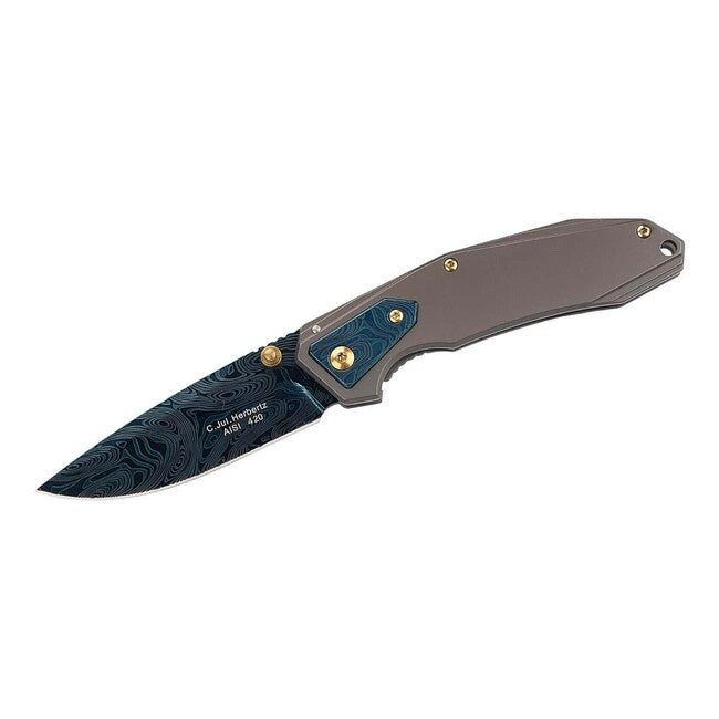 Herbertz One-Hand Pocket Knife 8cm, Stainless Steel, Blue Damascus Look