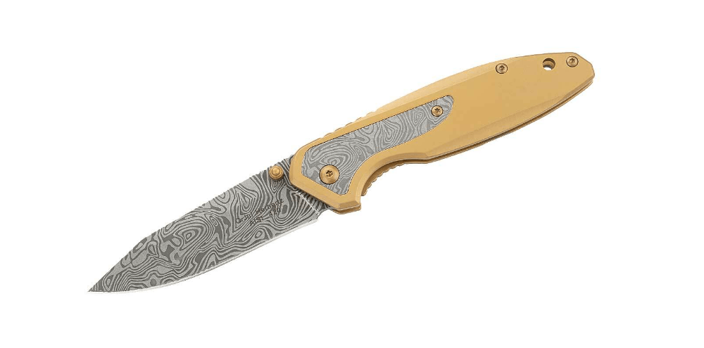 Herbertz Single-Hand Pocket Knife 8cm, Stainless Steel, Gold, Damascus Look