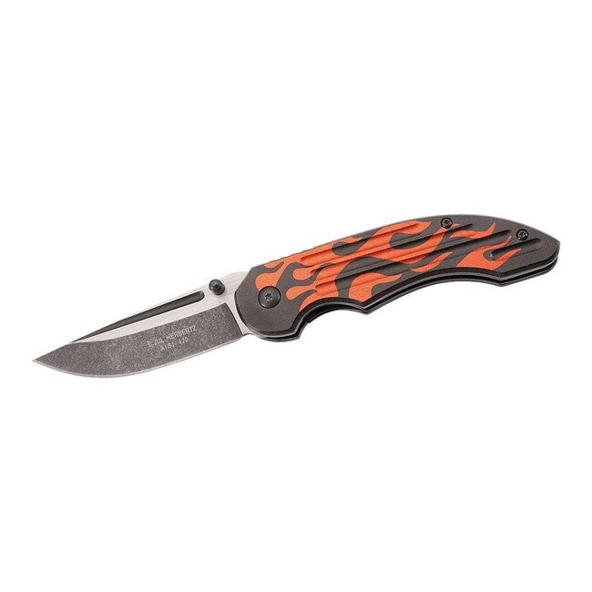 Herbertz Single-Hand Pocket Knife 8cm, Steel, Black, Flame Design