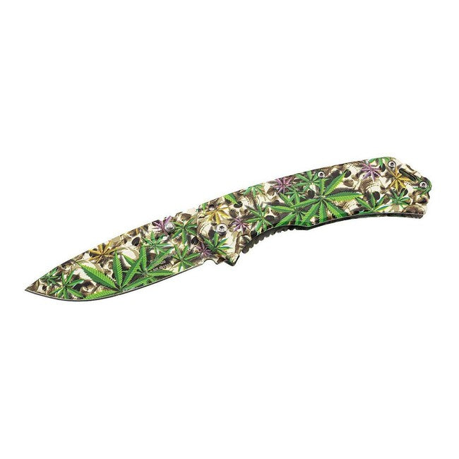 Herbertz Single-Hand Pocket Knife 9cm, Stainless Steel, 3D Skulls and Cannabis Leaves