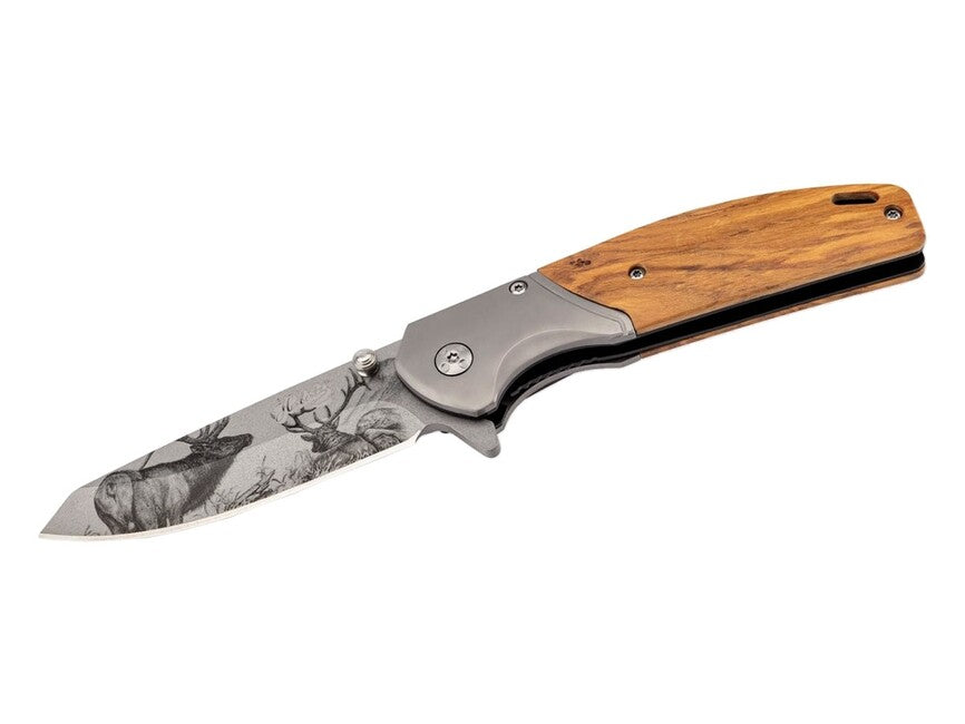 Herbertz Single-Hand Folding Knife 9cm, Olive Wood, Deer Motif Blade