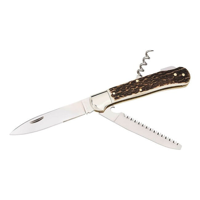 Herbertz Hunting Pocket Knife 9cm, Antler, Corkscrew, Saw with Bottle Opener