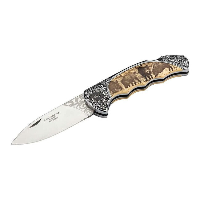 Herbertz Pocket Knife 8.2cm, Plastic with Floral Hilt, Wild Boar Motif