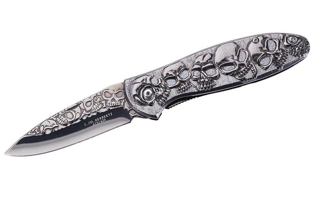 Herbertz Pocket Knife 8.3 cm, Full Steel, Skull Motif