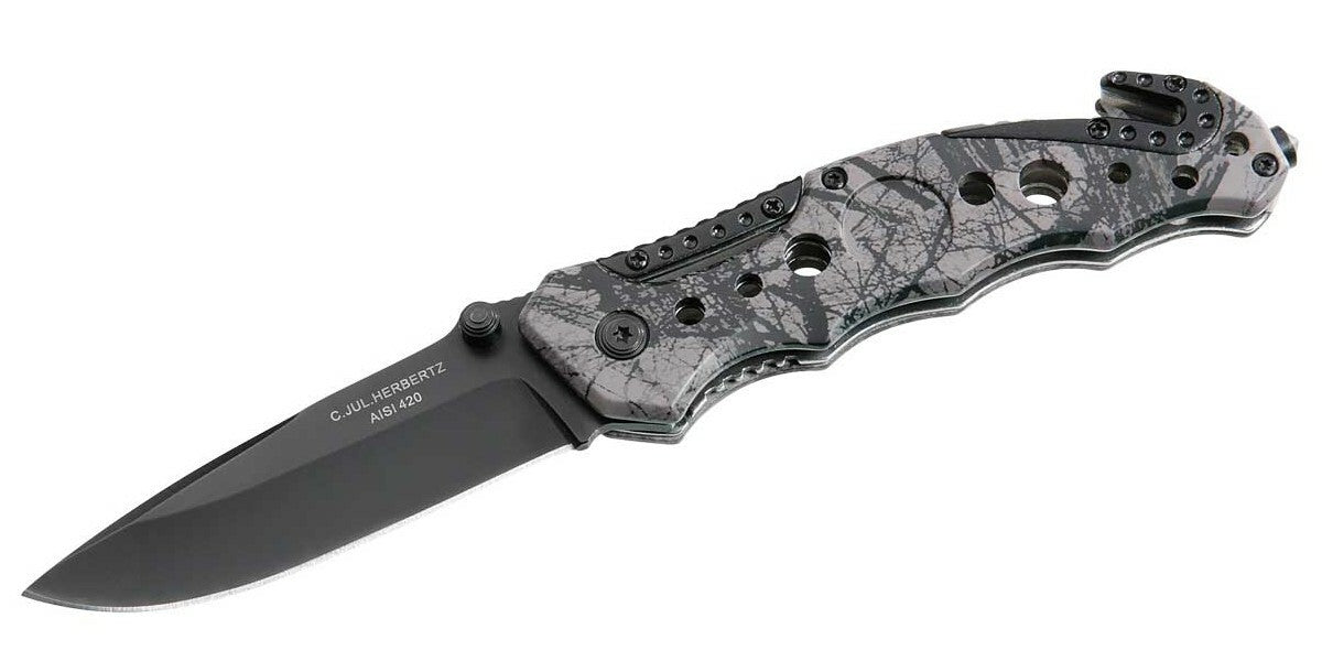 Herbertz Rescue Pocket Knife 8.6cm, Brown-Black, Aluminum, Camo Pattern