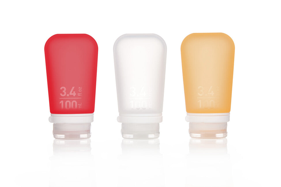 Humangear GoToob+ Silicone Travel Bottle/Container 3-Pack 100ml Clear/Red/Orange