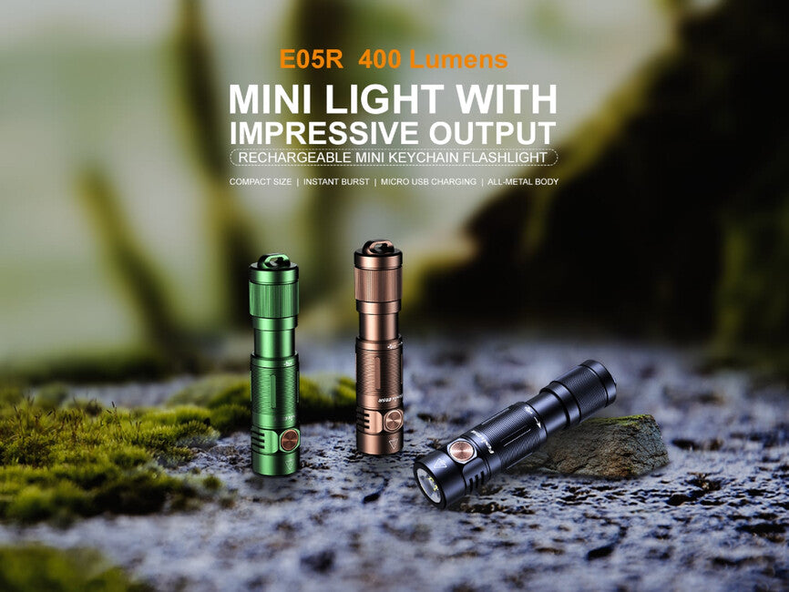 Fenix nabíjateľná mini baterka E05R, hnedá