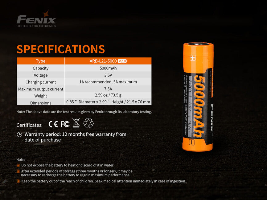 Fenix Rechargeable Battery 21700 5000 mAh, Li-Ion