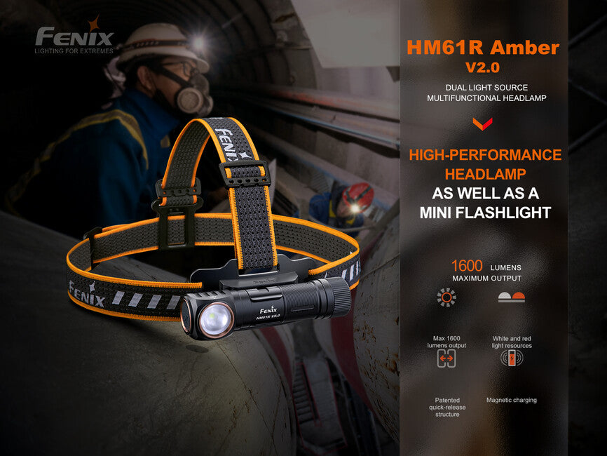Fenix HM61R Amber V2.0 Headlamp, Rechargeable