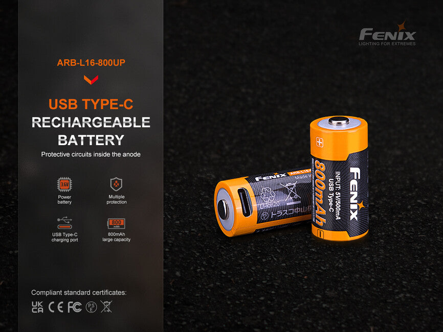 Fenix Rechargeable Battery RCR123A 800 mAh USB-C Li-ion