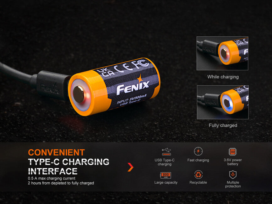 Fenix Rechargeable Battery RCR123A 800 mAh USB-C Li-ion