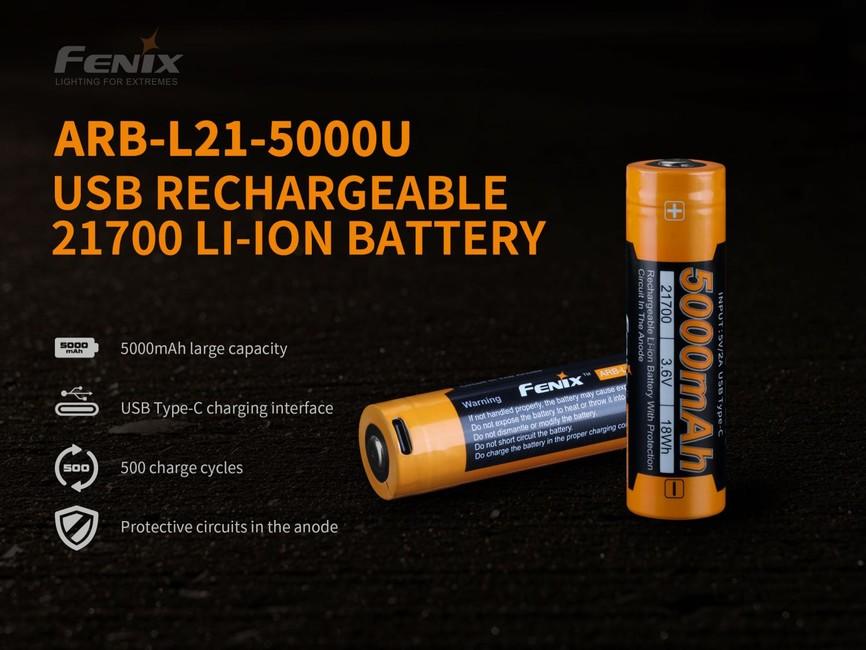 Fenix Rechargeable Battery 21700 5000 mAh USB-C, Li-Ion