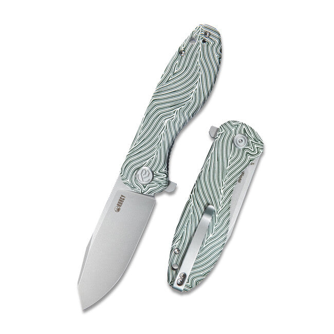 KUBEY Master Chief Folding Knife, Green & White Damascus G10