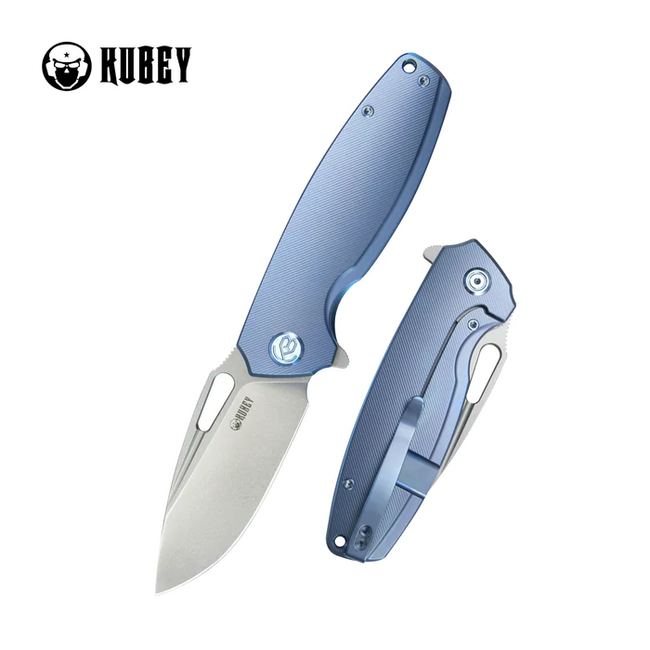 KUBEY Tityus Folding Knife, Blue Contoured Titanium