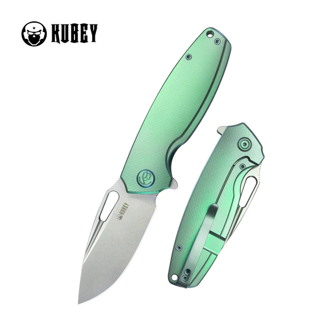 KUBEY Tityus Folding Knife, Green Contoured Titanium
