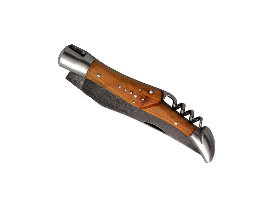 Laguiole DUB071 Folding Knife, 12cm Blade, Damascus Steel, Corkscrew, Juniper Handle