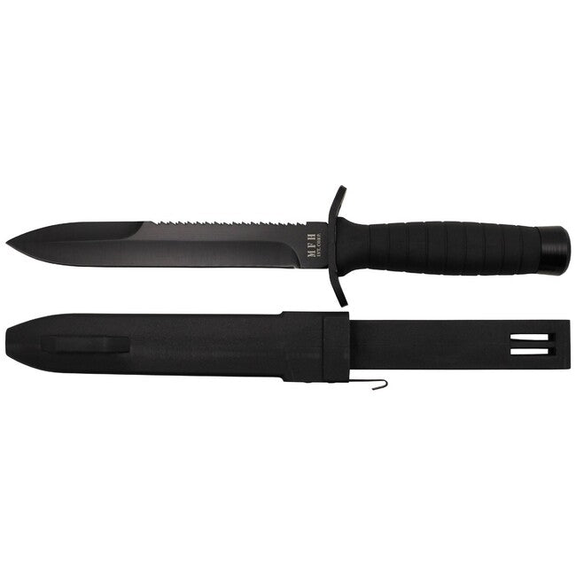 MFH Strike Combat Knife, Black, Rubber Handle, Sheath
