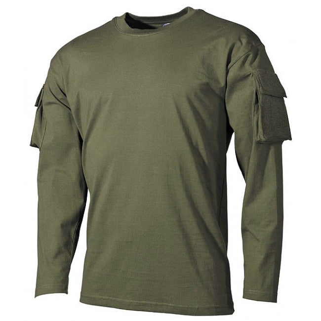 MFH US Long Sleeve T-Shirt, Olive, with Velcro Pockets on Sleeves