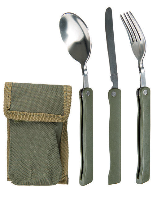 Mil-Tec Camping Cutlery Set 3-Piece Folding with Pouch, Olive