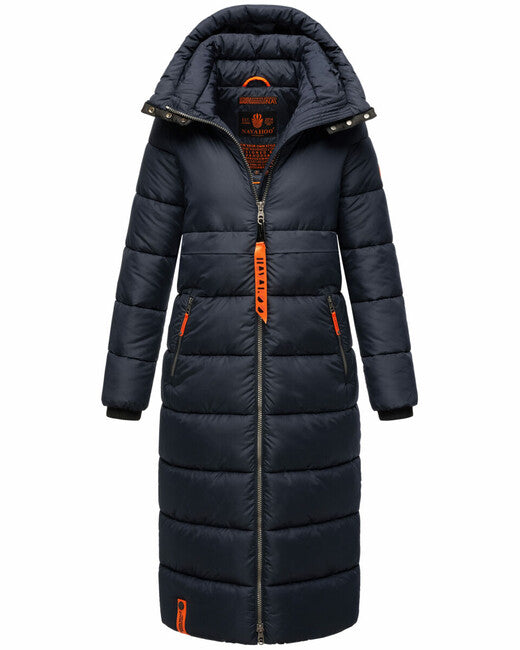 Navahoo Women's Long Winter Jacket with Hood Kristallblume, Navy Blue