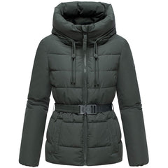 Marikoo HIMEE 16 women's winter jacket with high collar and belt, stone green