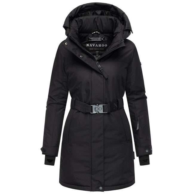 Navahoo Women's Winter Parka FROSTKUSS 14 with Detachable Hood and Belt, Black