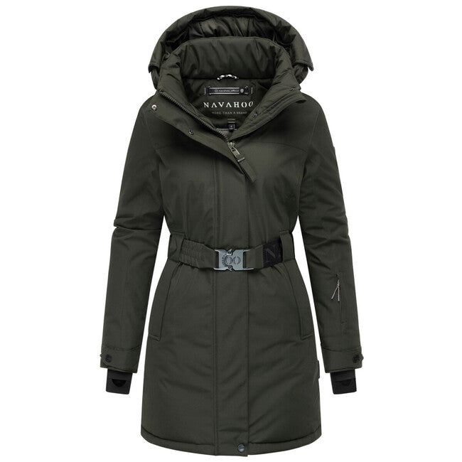 Navahoo Women's Winter Parka FROSTKUSS 14 with Removable Hood and Belt, Dark Olive